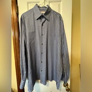 Ermenegildo Zegna Dress Shirt Mens XL Blue Plaid ButtonUp Long Sleeve Casual EUC